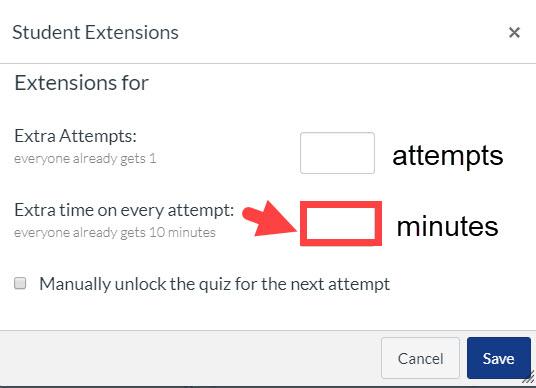 Canvas Student Extensions window showing options to add extra quiz attempts and extra time in minutes, with fields and a Save button highlighted.