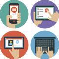 Four circular icons showing hands using different devices: a smartphone, a tablet with a checklist, a tablet with a profile, and a laptop keyboard
