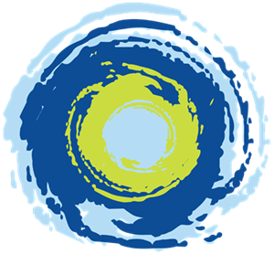 Circular abstract logo with layered blue and green brushstroke rings surrounding a light blue center