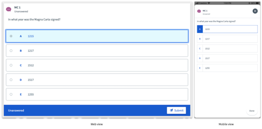 Canvas quiz question displayed in both web and mobile views, asking ‘In what year was the Magna Carta signed?’ with multiple-choice options. The selected answer is A: 1215