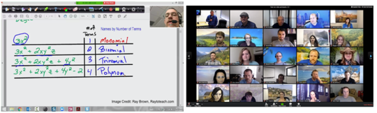 Split screen showing a Zoom session: on the left, an instructor sharing a whiteboard with math notes; on the right, a gallery view of participants attending the class