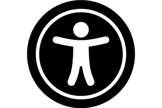 Black and white graphic with a human figure with stretched out arms and legs.